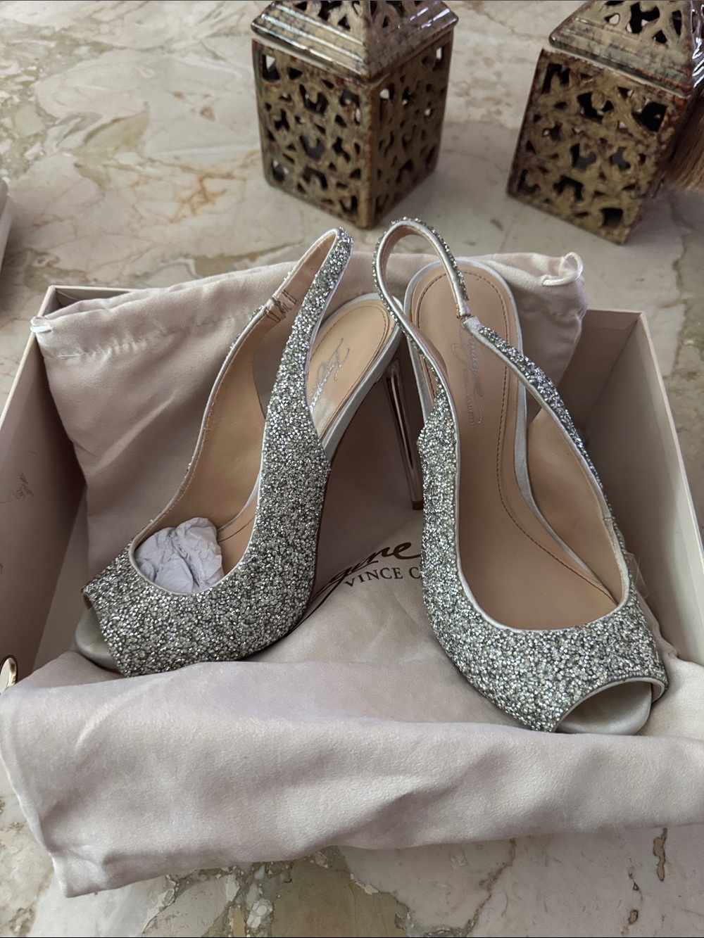 Vince Camuto Silver Glitter Peep-Toe Slingback Stilettos